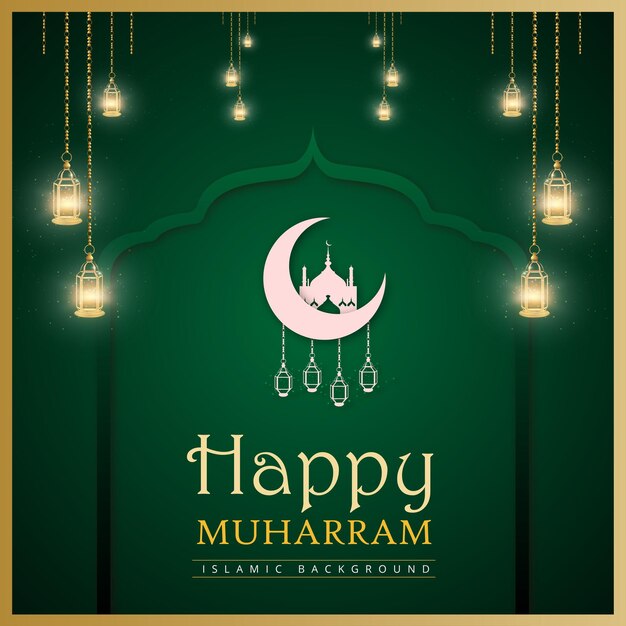 Happy Muharram Green Golden Background Islamic Social Media Banner Free Vector