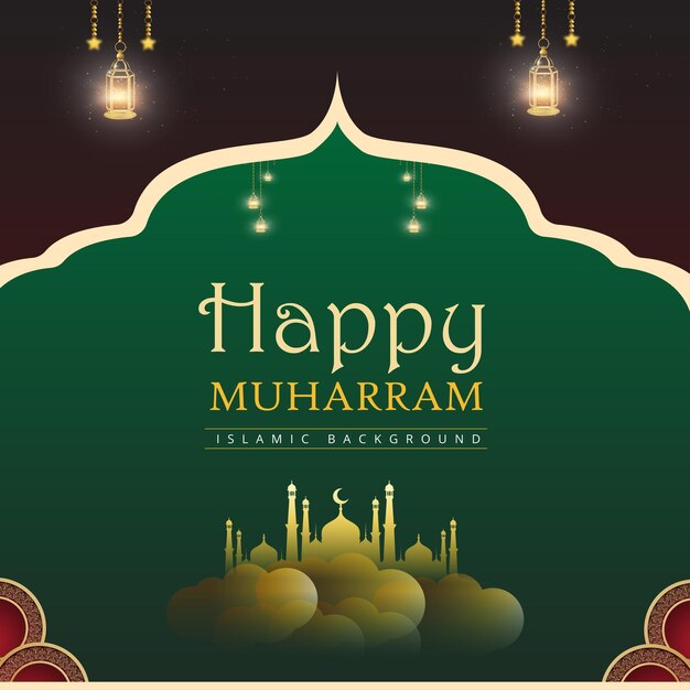 Happy Muharram Green Maroon Background Islamic Social Media Banner Free Vector