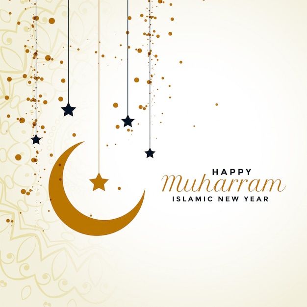 Free vector happy muharram greeting with moon and star background