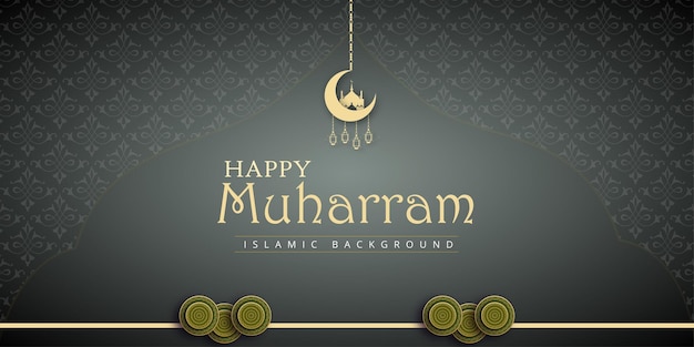 Free vector happy muharram grey golden background islamic social media banner free vector