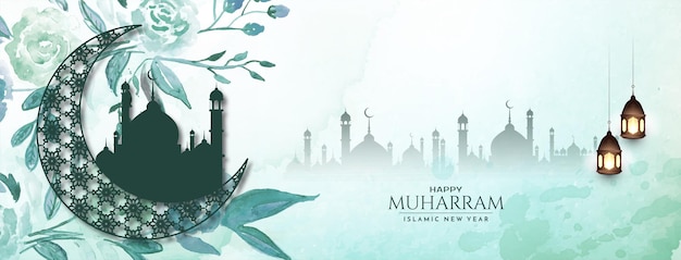 幸せなムハッラムとイスラムの新年宗教挨拶バナーベクトル