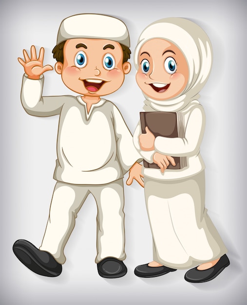 Happy muslim couple on colour gradient background