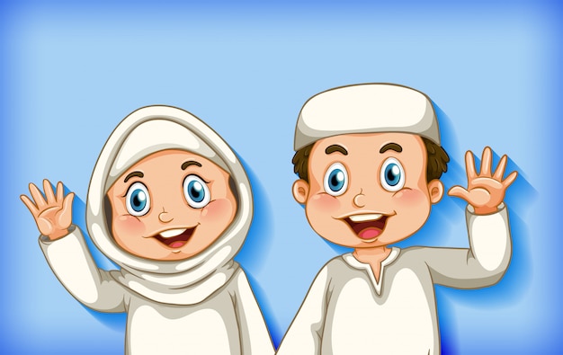 Happy muslim couple on colour gradient background