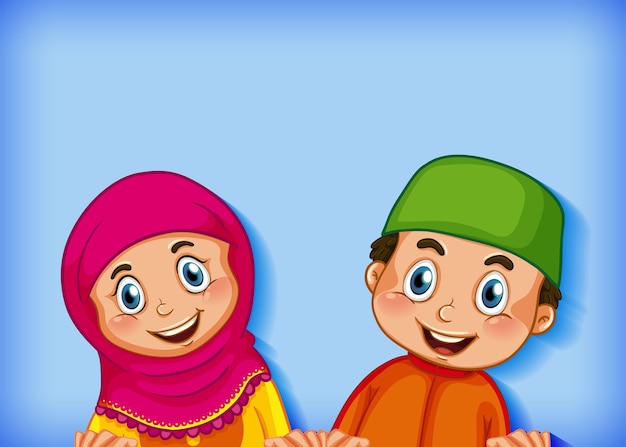 Happy muslim couple on colour gradient background