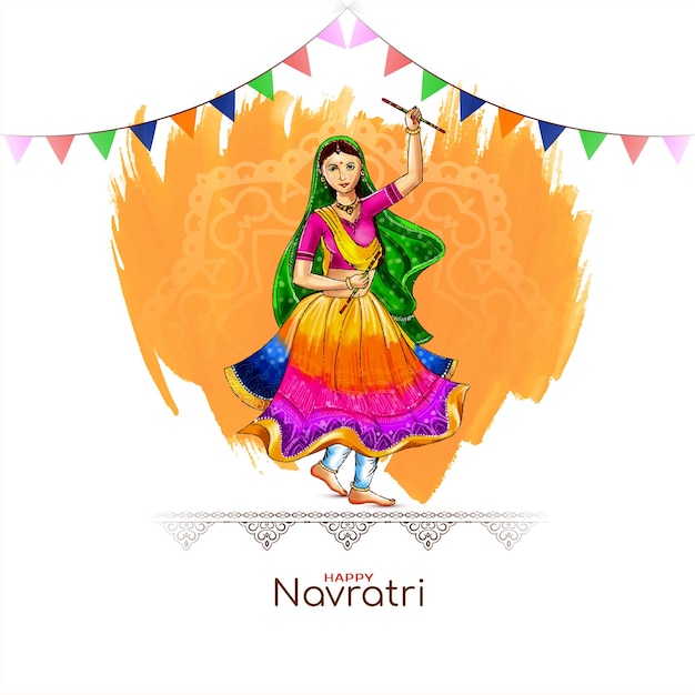 Free vector happy navratri dandiya garba night background with dancing lady vector