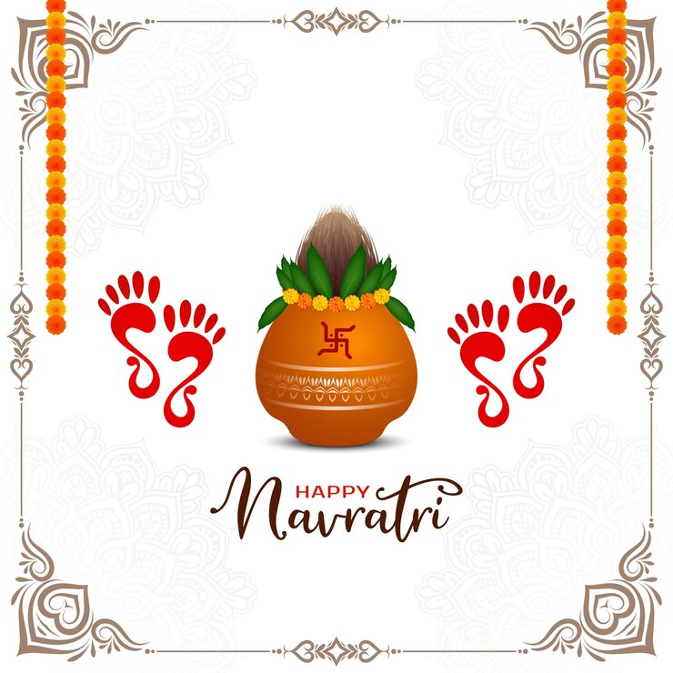 मुफ़्त वेक्टर happy navratri indian festival with goddess foot prints and kalash