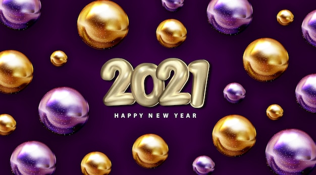 Happy new 2021 year holiday llustration silver paper numbers 2021 with purpple golden balls realistic 3d sign