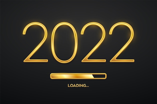 Happy new 2022 year. golden metallic luxury numbers 2022 with golden loading bar. party countdown. realistic sign for greeting card. festive poster or holiday banner design. vector illustration.