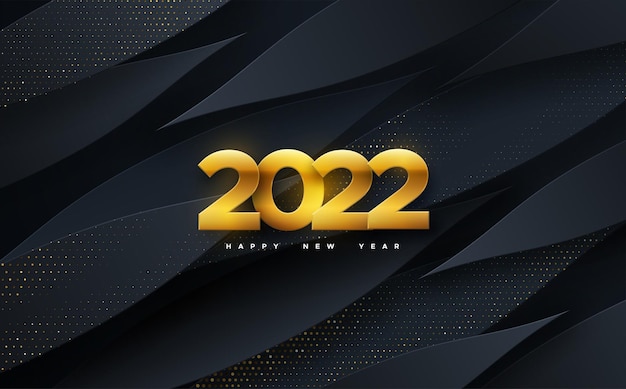 Happy new 2022 year golden numbers on black geometric background