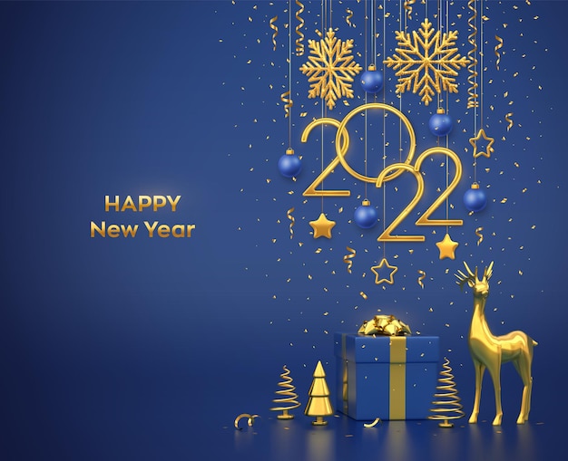 2022년 새해 복 많이 받으세요. 파란색 배경에 눈송이, 별, 공이 있는 황금 금속 숫자 2022를 걸고 있습니다. 선물 상자, 금색 사슴, 금속성 소나무 또는 전나무, 원뿔 모양의 가문비나무. 벡터 일러스트 레이 션.