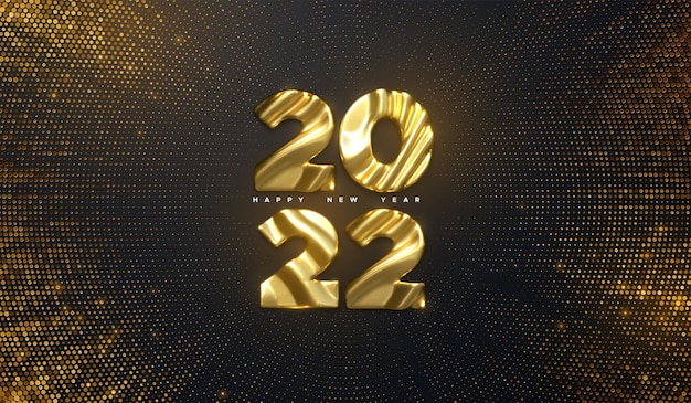 Happy new 2022 year holiday golden sign on black glittering background