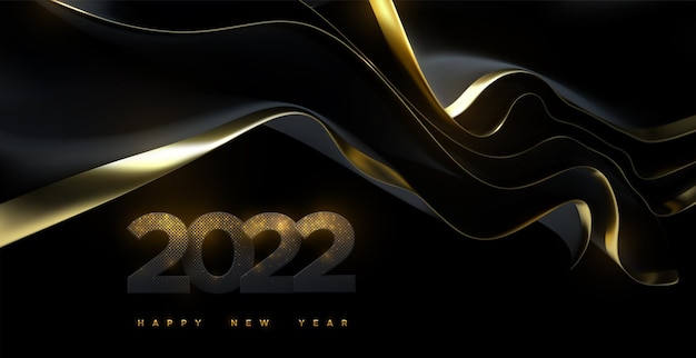 Happy new 2022 year holiday sign of black and golden paper numbers with black streaming fabric