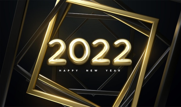 Happy new 2022 year holiday sign with golden 2022 numbers and twisted frames