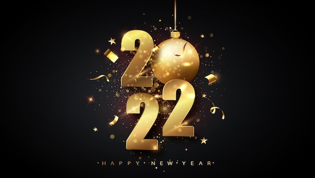 Happy new 2022 year. holiday vector illustration of golden metallic numbers 2022. gold numbers design of greeting card of falling shiny confetti. new year and christmas posters.