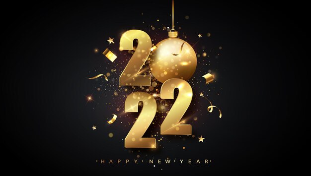 Happy New 2022 Year. Holiday vector illustration of golden metallic numbers 2022. Gold Numbers Design of greeting card of Falling Shiny Confetti. New Year and Christmas posters.