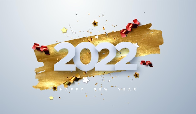 Happy new 2022 year paper cut numbers with sparkling confetti particles golden stars and streamers