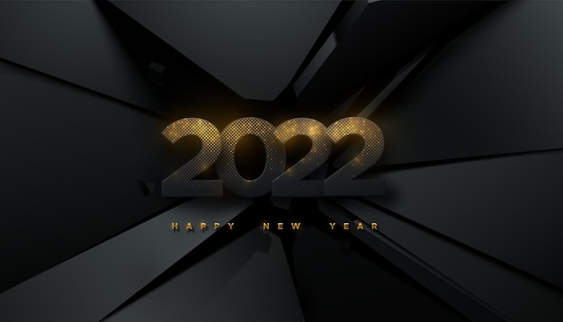 Happy new 2022 year sign with glittering paper numbers 2022 on black fractured background