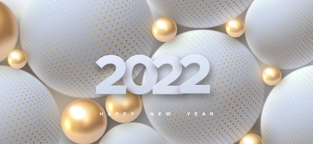 Happy new 2022 year sign with golden and white balls