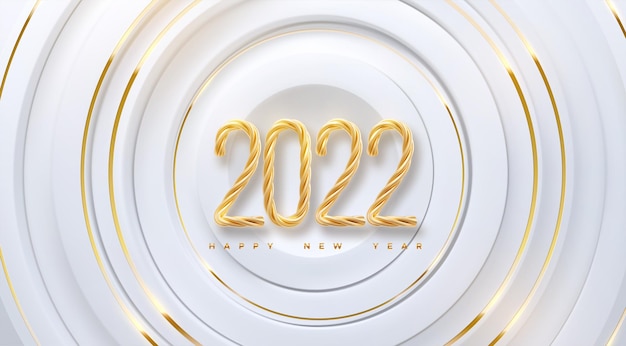 Happy new 2022 year. vector holiday illustration of golden numbers 2022 of white and gold radial shapes background. 3d new year sign. festive poster or banner design. party invitation