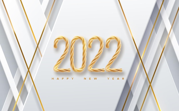 Happy new 2022 year. vector holiday illustration of golden numbers 2022 on white slanted geometric shapes background. 3d new year sign. festive poster or banner design. party invitation
