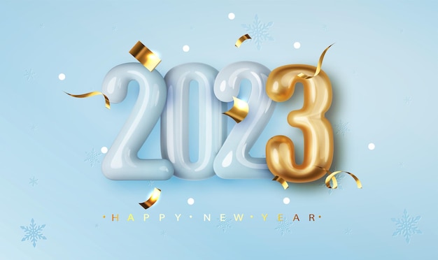 Happy New 2023 golden and blue glossy numbers on blue background with gold confetti