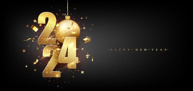 Happy New 2024 Year Holiday vector illustration of golden metallic numbers 2024 Gold Numbers Design of greeting card of Falling Shiny Confetti New Year and Christmas posters