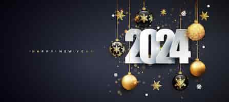 Vettore gratuito felice anno nuovo 2024 illustrazione vettoriale delle vacanze dei numeri 2022 numeri d'oro design del biglietto di auguri