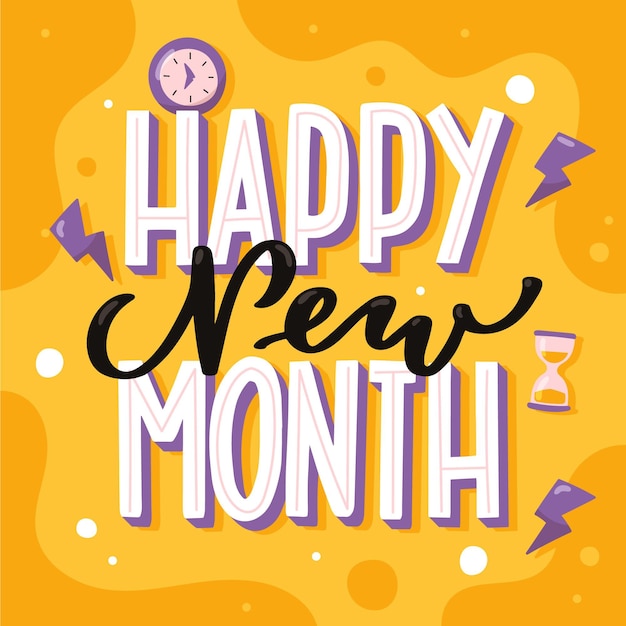 Happy new month lettering with hand drawn elements