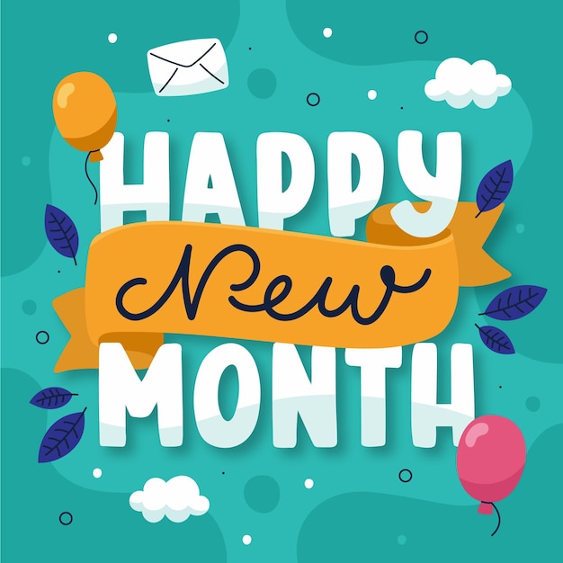 Happy new month lettering with hand drawn elements