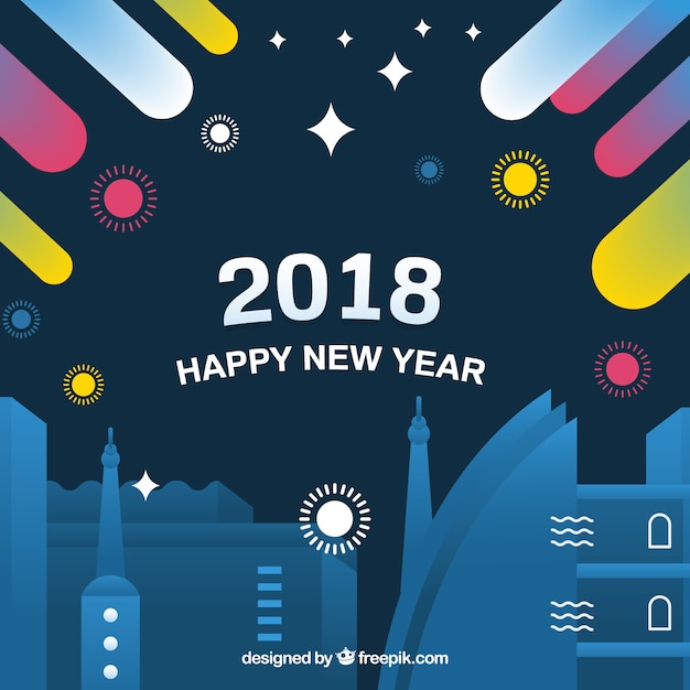 Happy new year 2018 background with a city by night