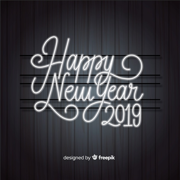 Happy new year 2019 background with neon lights lettering