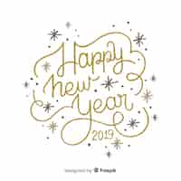 Free vector happy new year 2019 black and gold background with fancy lettering