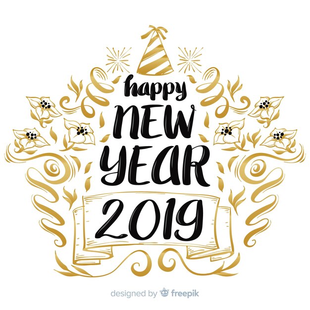 С новым годом 2019 черно-золотой фон с причудливыми надписями