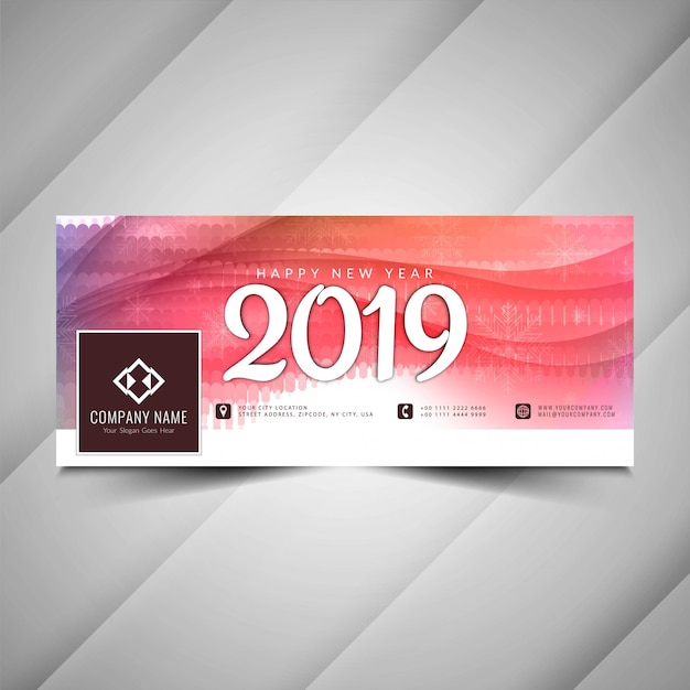 Happy New Year 2019 social media wavy banner