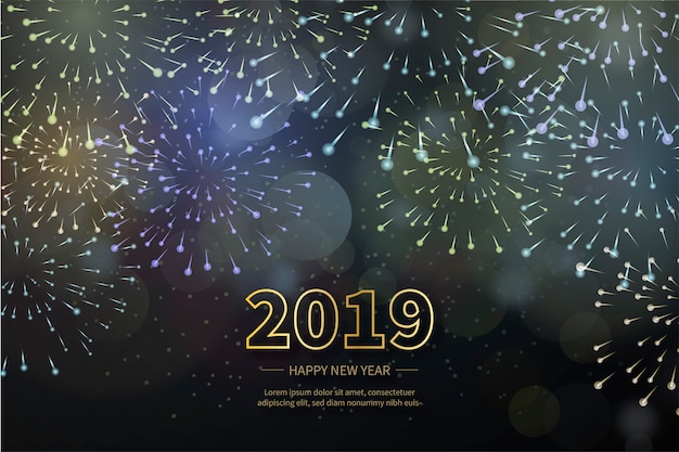 Happy new year 2019 with realistic fireworks background