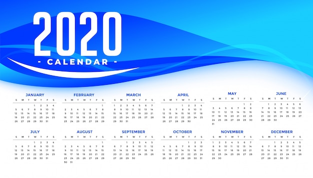Happy new year 2020 calendar template with abstract blue wave