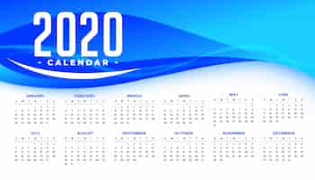 Free vector happy new year 2020 calendar template with abstract blue wave