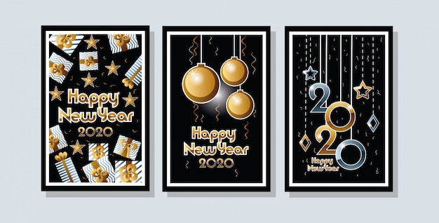 Free vector happy new year 2020 celebration set cards