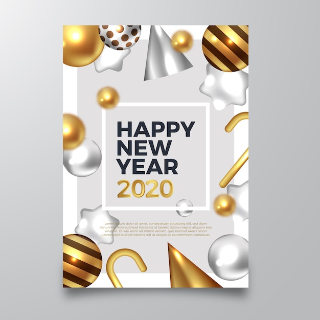 Бесплатное векторное изображение Флаер с новым годом 2020 с реалистичными золотыми украшениями