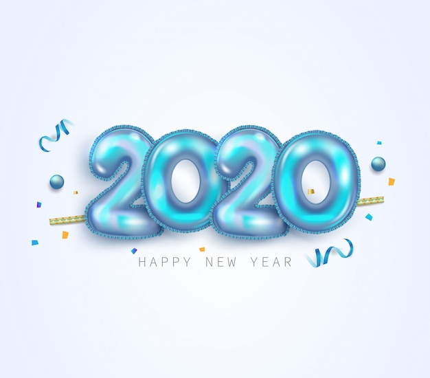 Happy New Year 2020 Greeting Card With Silver Blue Metallic Foil Numbers Premium Vector