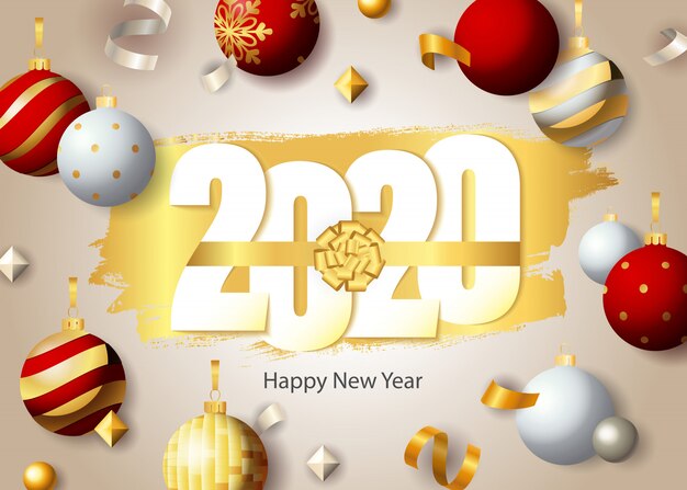 Happy New Year, 2020 lettering and festive baubles