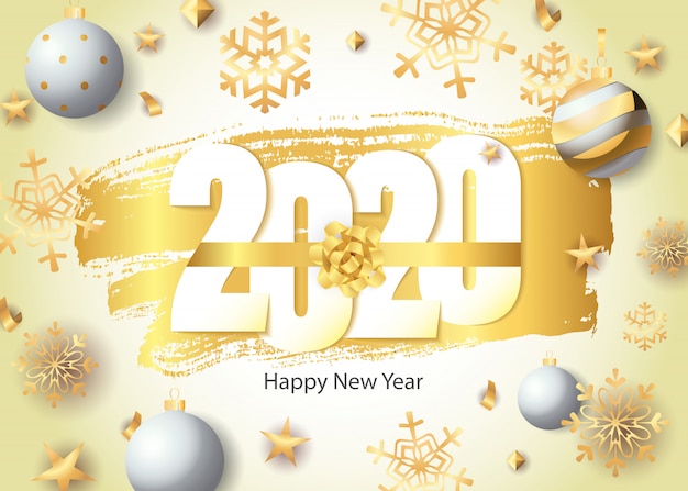 Felice anno nuovo, scritte 2020, fiocchi di neve dorati e palline