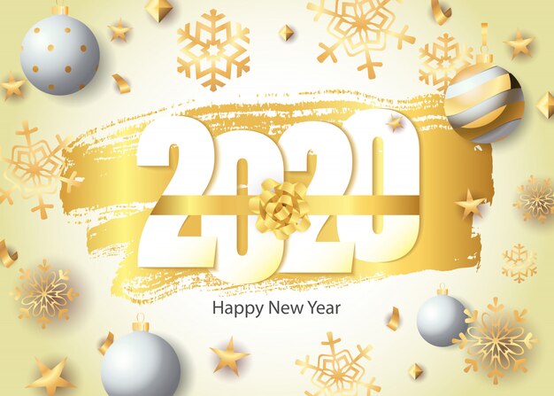 Happy New Year, 2020 lettering, golden snowflakes and balls