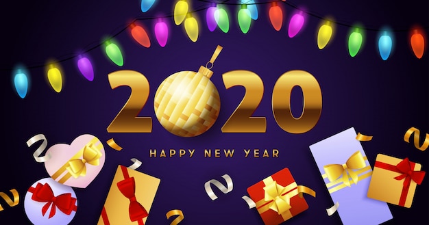 새해 복 많이 받으세요 2020 글자, 조명 화환 및 선물 상자