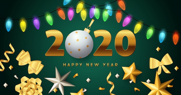 Happy New Year 2020 lettering, lights garlands, golden bows