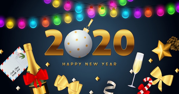 Vettore gratuito iscrizione di felice anno nuovo 2020 con ghirlande di luci, champagne