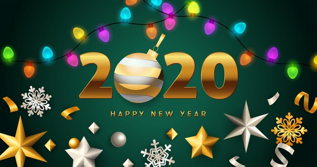 Happy New Year 2020 lettering with lights garlands, stars