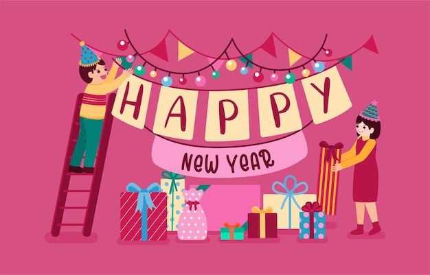 Happy new year 2021 party poster or banner with  gift box icons