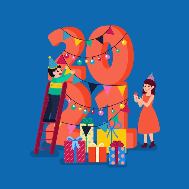 Felice anno nuovo 2021 festa poster o banner con icone di confezione regalo