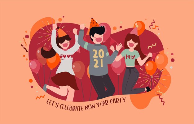 Happy New Year 2021 party Poster or banner with  gift box icons